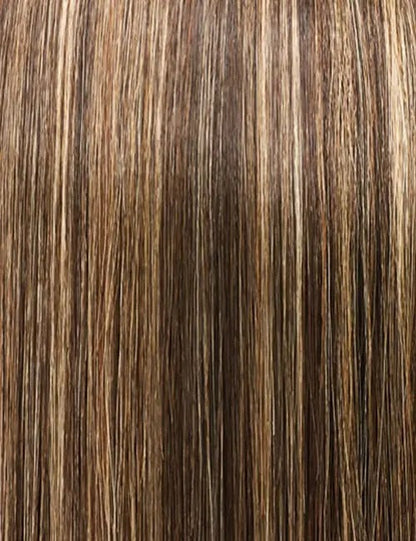 OUTRE clip-in ponytail hair extension in a multi-tonal brown shade with natural straight texture
