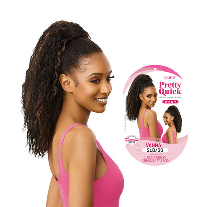 OUTRE Pretty Quick Pony Vanna extension with long curly black and brown hair on woman in pink top