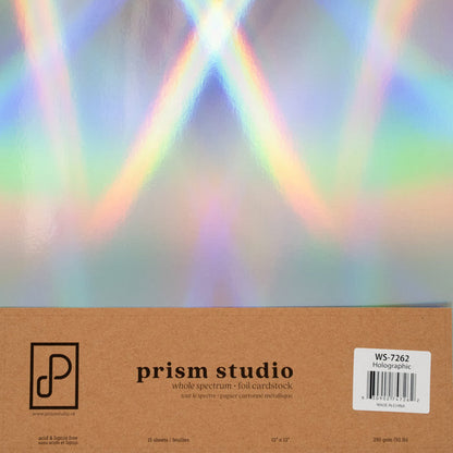 Prism Studio - 12X12 Whole Spectrum Foil Cardstock Pack - Holographic. Acid & lignin free 12" x 12" 92.3lb (250 gsm) backing Gleaming, lustrous shine! Available at Embellish Away located in Bowmanville Ontario Canada.