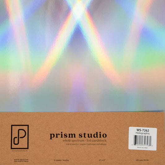 Prism Studio - 12X12 Whole Spectrum Foil Cardstock Pack - Holographic. Acid & lignin free 12" x 12" 92.3lb (250 gsm) backing Gleaming, lustrous shine! Available at Embellish Away located in Bowmanville Ontario Canada.