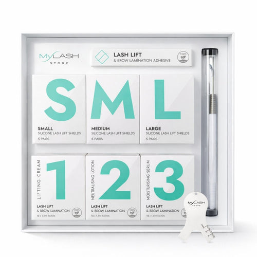 Lash lift & brow lamination kit with labeled boxes in a clear packaging box on a white background