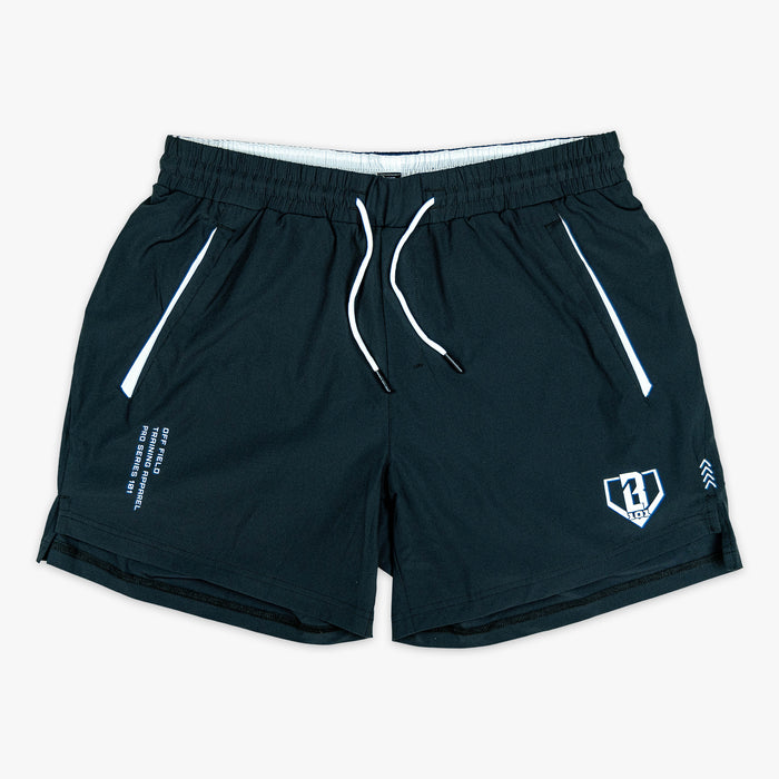 Black and white Pro Series youth shorts — front view