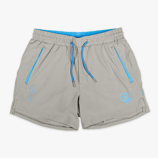 Gray and light blue Pro Series shorts — front view