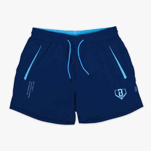 Navy and light blue Pro Series shorts — front view