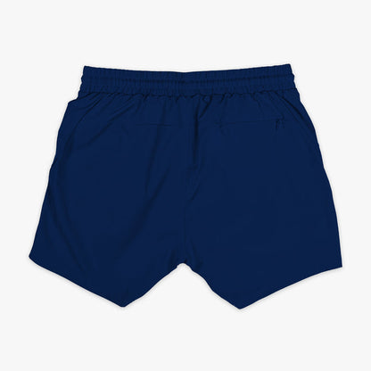 Navy and light blue Pro Series youth shorts — back view