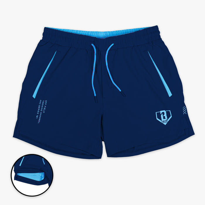 Navy and light blue Pro Series with Liner shorts — front view