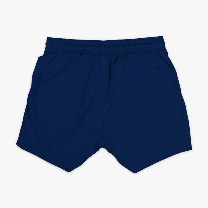 Navy and light blue Pro Series youth shorts — back view