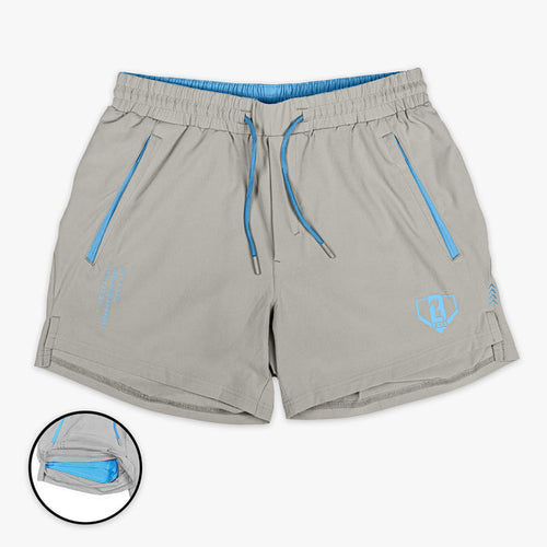 Gray and light blue Pro Series with Liner youth shorts — front view