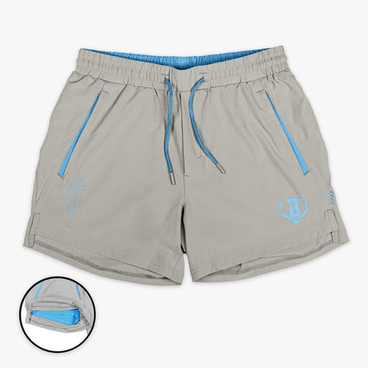 Gray and light blue Pro Series with Liner youth shorts — front view