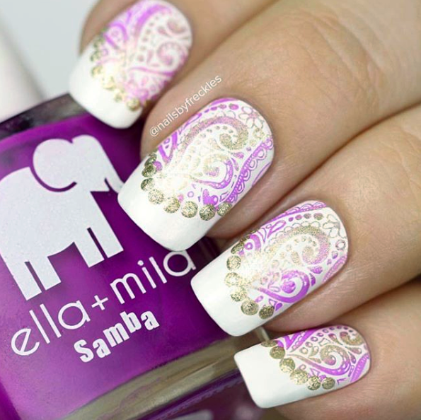 Purple Reign purple nail polish with white and lavender paisley nail art