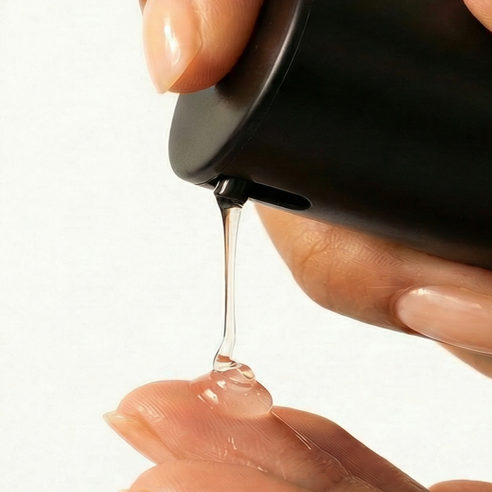 A close-up of a serum being dispensed from a matte black pump bottle onto a person's fingertip against a clean white background.