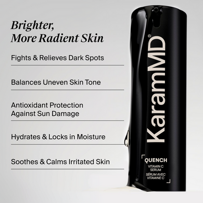 A black cylindrical KaramMD Quench serum bottle shown on a light gray background with promotional text listing skin benefits such as brighter, more radiant skin, fighting dark spots, balancing uneven skin tone, antioxidant protection, hydration, and soothing irritated skin.