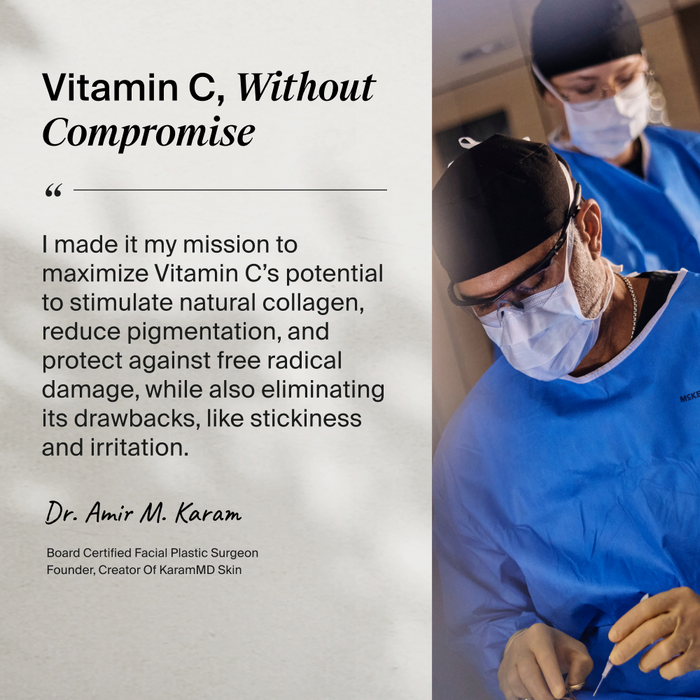 Promotional graphic with the headline 'Vitamin C, Without Compromise' and a quote from Dr. Amir M.
