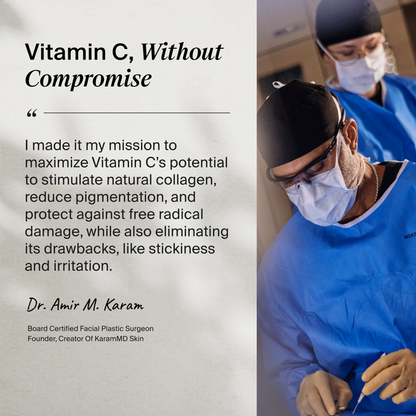 Promotional graphic with the headline 'Vitamin C, Without Compromise' and a quote from Dr. Amir M.