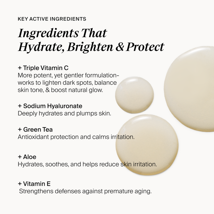 A skincare infographic on a light beige background detailing key active ingredients: Triple Vitamin C, Sodium Hyaluronate, Green Tea, Aloe, and Vitamin E, with three translucent droplets of cream on the right side.