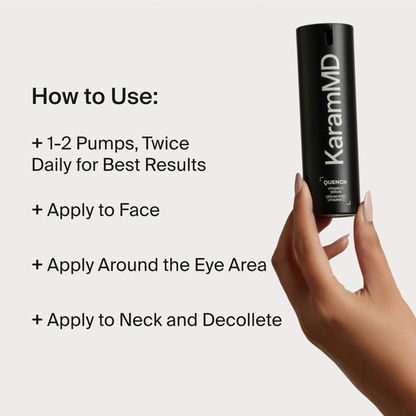 A hand holds a black cylindrical KaramMD Quench skincare pump bottle against a light gray background, next to text outlining how to use it: 1-2 pumps twice daily, on face, around the eye area, and on the neck and decolletage.