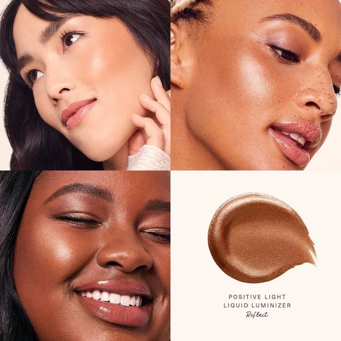 Rare Beauty Positive Light Liquid Luminizer highlight in NWOB, featuring a sleek bottle and applicator for luminous glow.