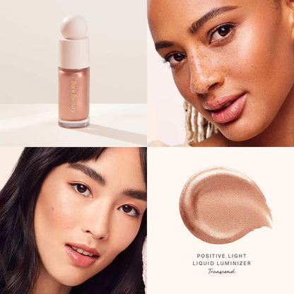 Rare Beauty Positive Light Liquid Luminizer Highlight in NWOB, featuring a sleek bottle with a luminous liquid highlighter inside.