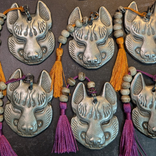 REAL PEWTER METAL CAST KITSUNE CHARM GLOW IN THE DARK EYES