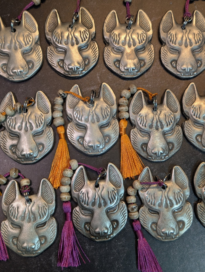 REAL PEWTER METAL CAST KITSUNE CHARM GLOW IN THE DARK EYES