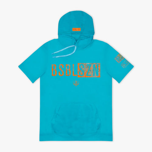 Turquoise hoodie with orange 'BSBLSZN' text and logo on a white background