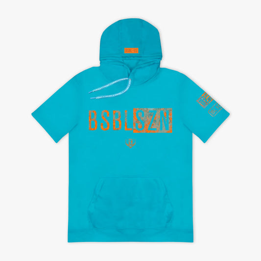 Turquoise hoodie with orange 'BSBLSZN' text and logo on a white background