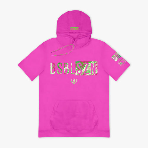Pink hoodie with camouflage BSBLSZN text and logos on a white background