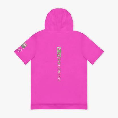 Pink hoodie with camouflage 'BL101 PERFORMANCE' text design on the back against a white background