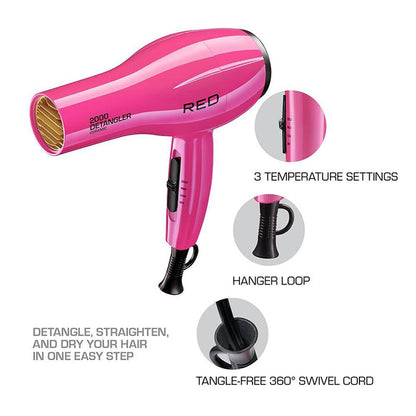 RED BEAUTY by KISS pink ceramic detangler hair dryer with 3 temperature settings hanger loop and swivel cord