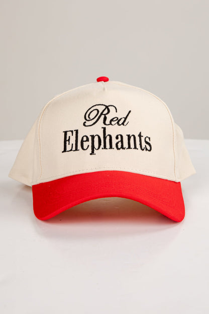 Cap with 'Red Elephants' text on a white background