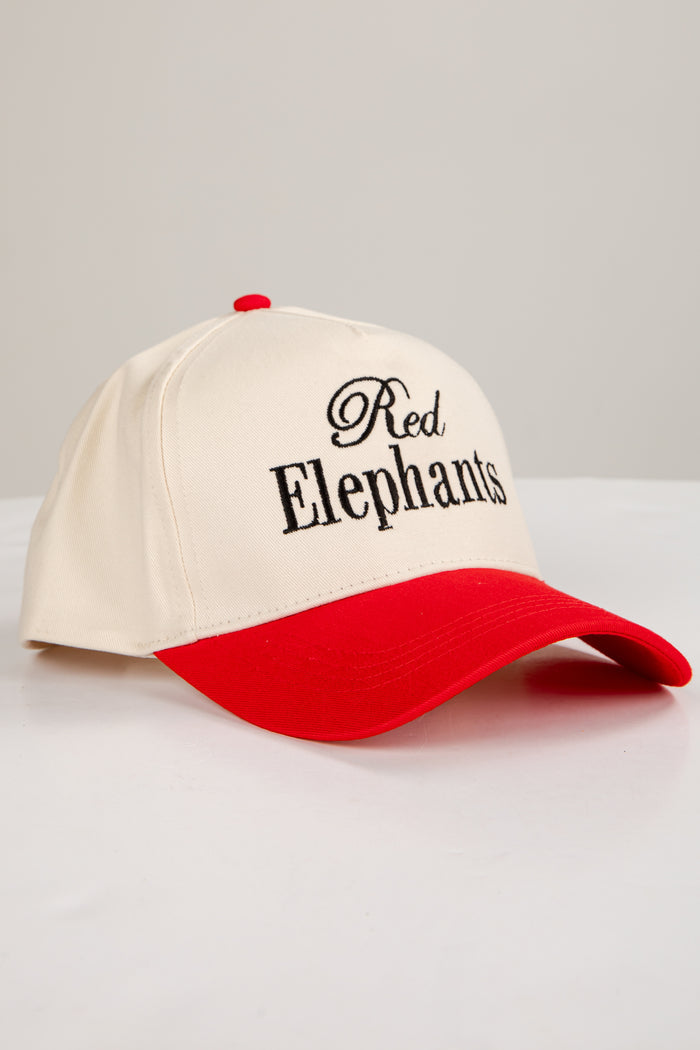 Baseball cap with 'Red Elephants' text on a light gray background