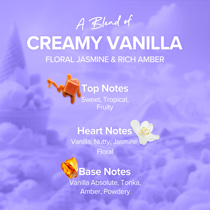 Creamy vanilla floral jasmine rich amber fragrance notes
