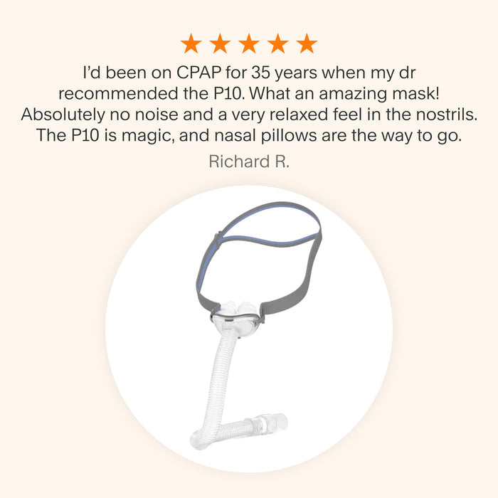 Testimonial for AirFit P10 mask praising its silent airflow, nasal pillow comfort, and 35-year CPAP user satisfaction.