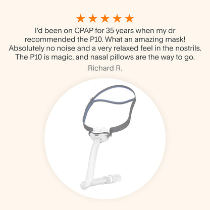 Testimonial for AirFit P10 mask praising its silent airflow, nasal pillow comfort, and 35-year CPAP user satisfaction.