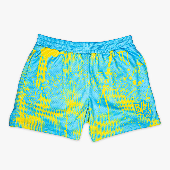 Blue and yellow Retro Graffiti youth shorts — front view