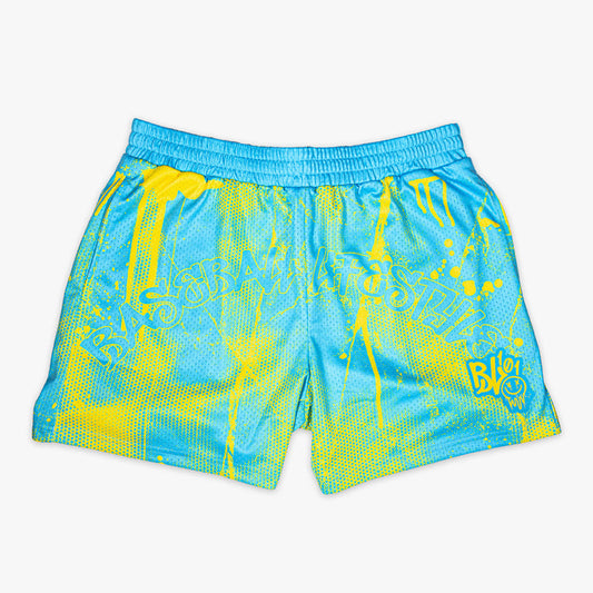 Blue and yellow Retro Graffiti youth shorts — front view