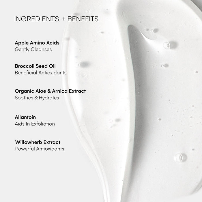 Close-up product carousel image showcasing the lightweight, non-foaming texture of Rinse Daily Cleanser, formulated to cleanse without stripping skin.