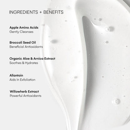 Close-up product carousel image showcasing the lightweight, non-foaming texture of Rinse Daily Cleanser, formulated to cleanse without stripping skin.