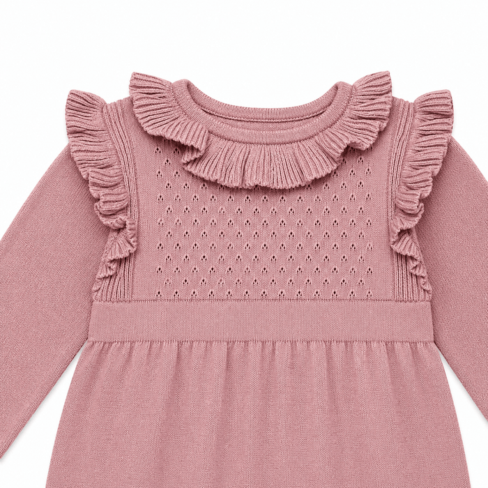 close up of Ruffle Collar Pointelle Baby Sweater Dress (Organic Cotton)
