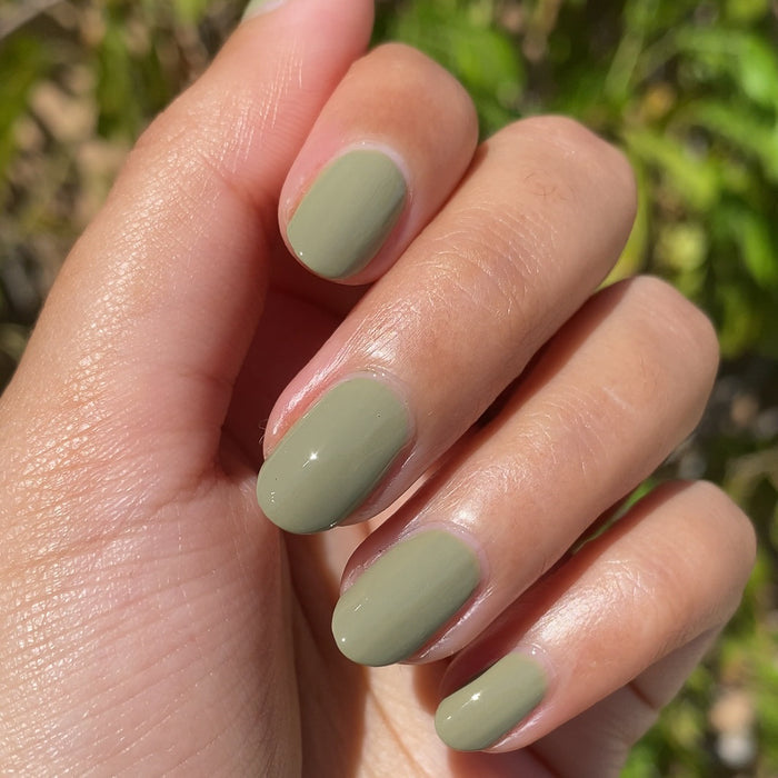 Hand with nails painted in Sagey polish showing a smooth, glossy finish in natural light for manicure display