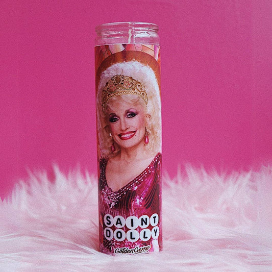 Golden Gems Saint Dolly prayer candle with decorative religious imagery and a white wax finish.