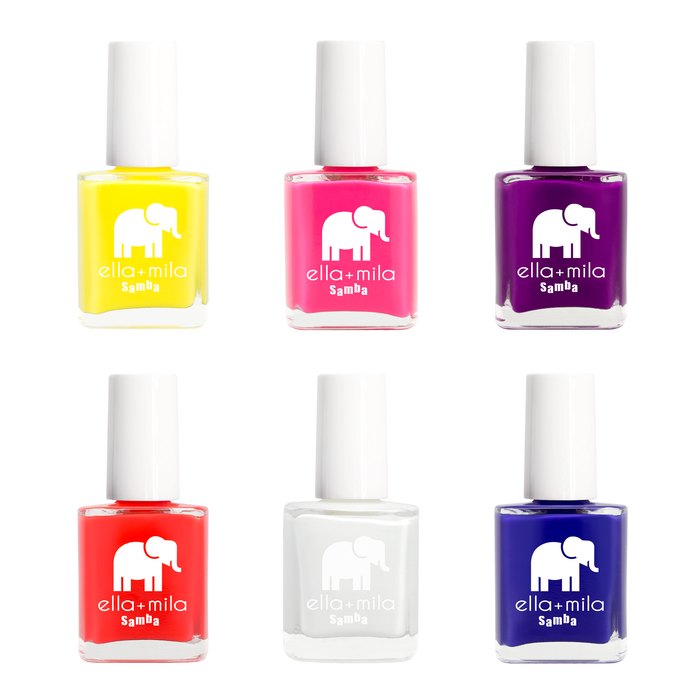 Samba Collection 6 nail polish bottles in yellow, hot pink, purple, coral, white and cobalt blue