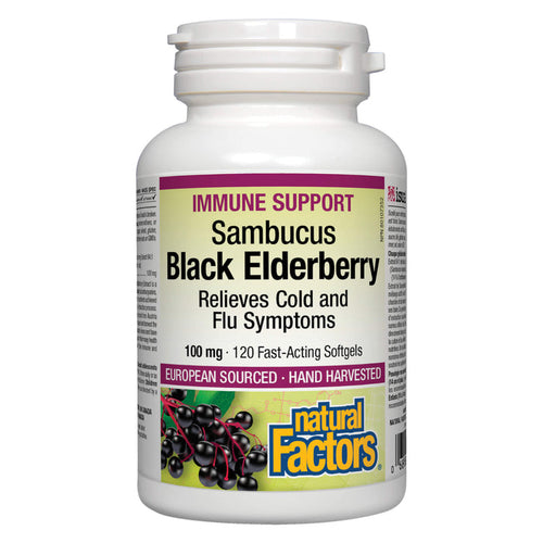 Bottle of Natural Factors Sambucus Black Elderberry 100 mg Standardized Extract 120 Softgels