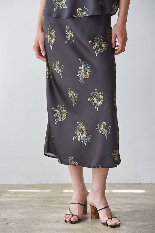 Satin Animal Print Midi Skirt I Black