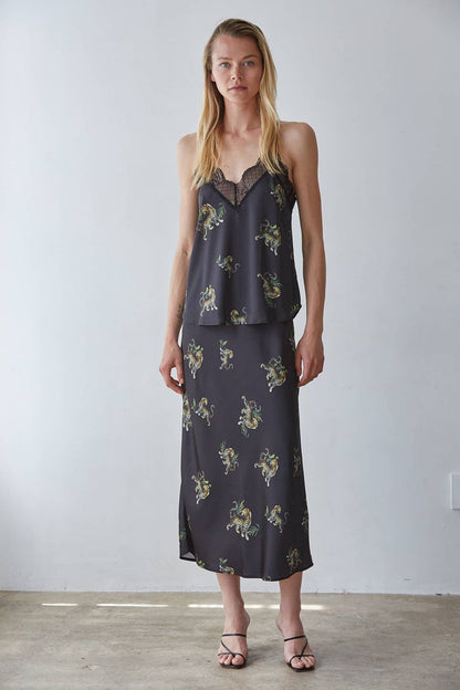 Satin Animal Print Midi Skirt I Black