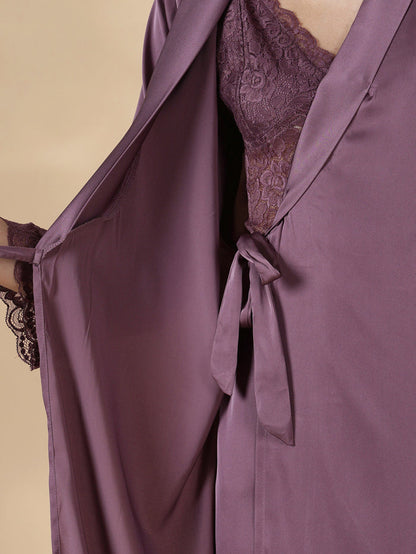 Modern style mauve satin nighty for women with lace robe set