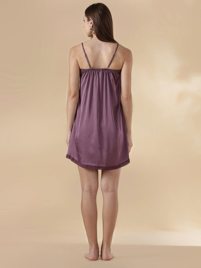 Modern style mauve satin nighty for women with lace robe set