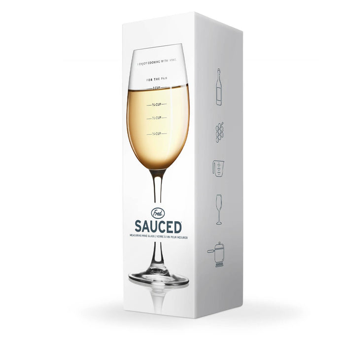 Fred & Friends Sauced Measurer Wine Glass gift with a humorous wine pour measurement design, clear glass with printed markings.