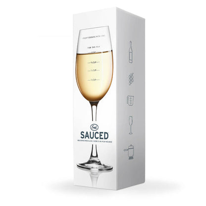 Fred & Friends Sauced Measurer Wine Glass gift with a humorous wine pour measurement design, clear glass with printed markings.