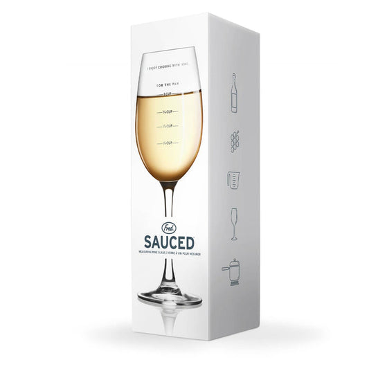 Fred & Friends Sauced Measurer Wine Glass gift with a humorous wine pour measurement design, clear glass with printed markings.
